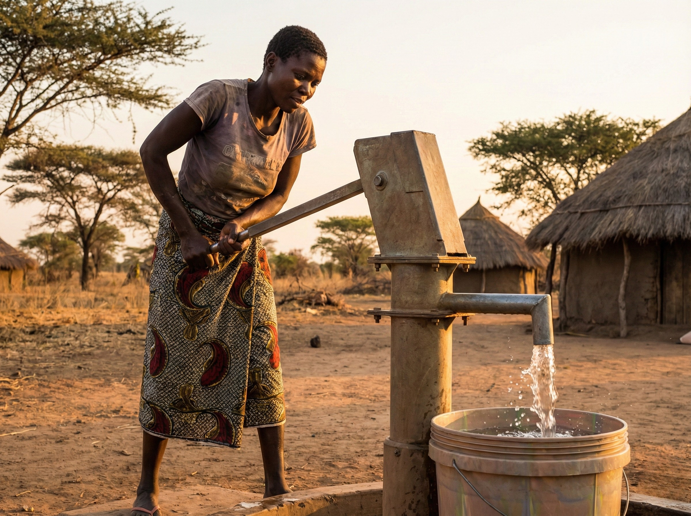 Femme utilisant une pompe &agrave; eau